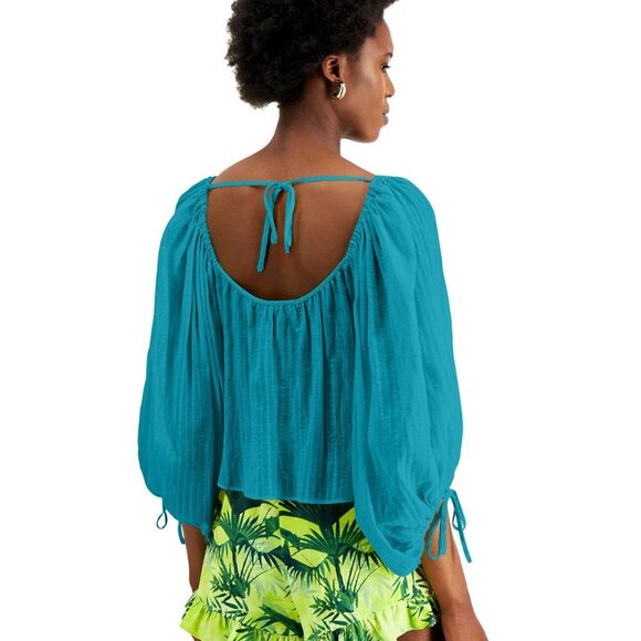 INC International Concepts 100% Cotton Tie Back Peasant Top (S, Aztec Teal) - Picture 9 of 9